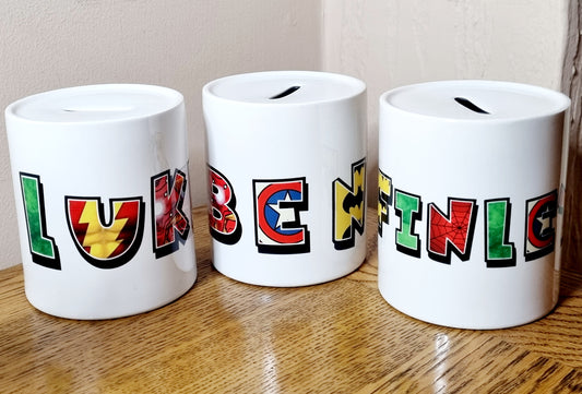 Superhero Ceramic Money box - Children's piggy bank - Personalised money box
