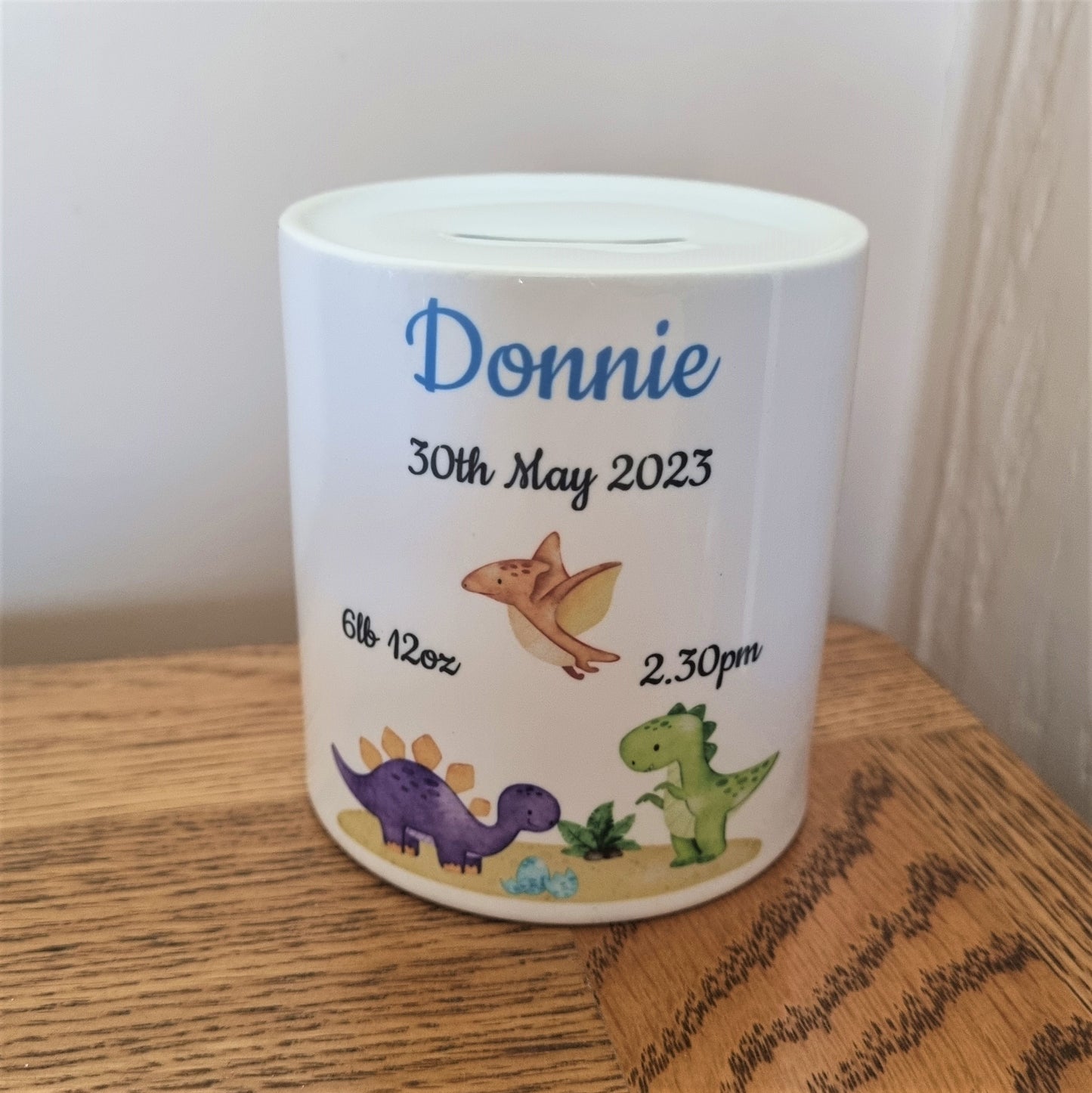 New Baby Ceramic Money box - Birth Details Money Box - Children's Dinosaur piggy bank - Personalised money box