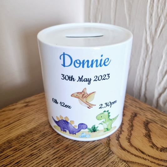 New Baby Ceramic Money box - Birth Details Money Box - Children's Dinosaur piggy bank - Personalised money box
