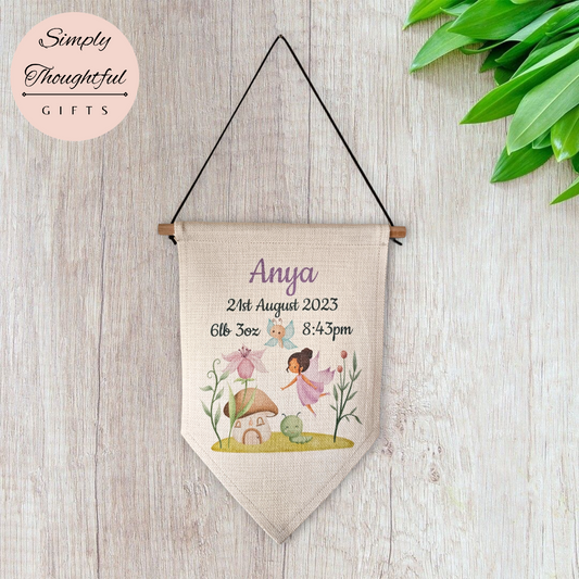 New Baby Fairy Hanging Pennant Flag - Birth Announcement Gift - Birth Detail Pennant - Personalised New Baby Gift