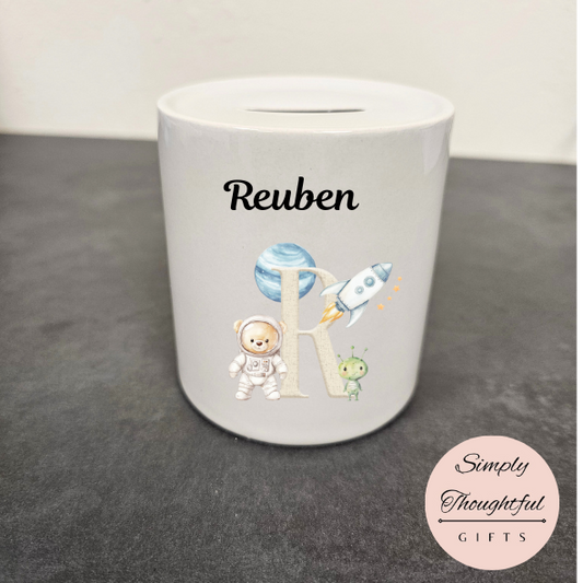 New Baby Ceramic Money box - Children's Space Bear piggy bank - Personalised money box