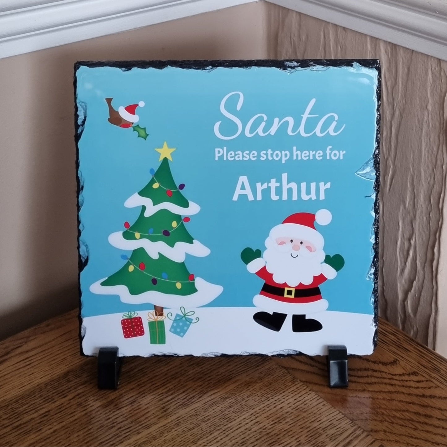 Santa Stop Here Slate - Christmas photo Slate Gift - 19cm x 19cm